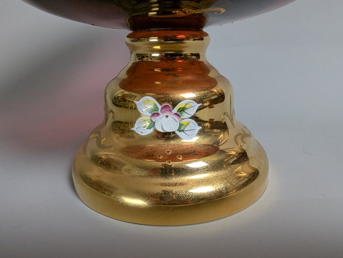 Vintage Bohemian Egermann-Exbor Pedestal Bowl Ruby Red Glass Gold Gilded Hand Painted Flowers - 4