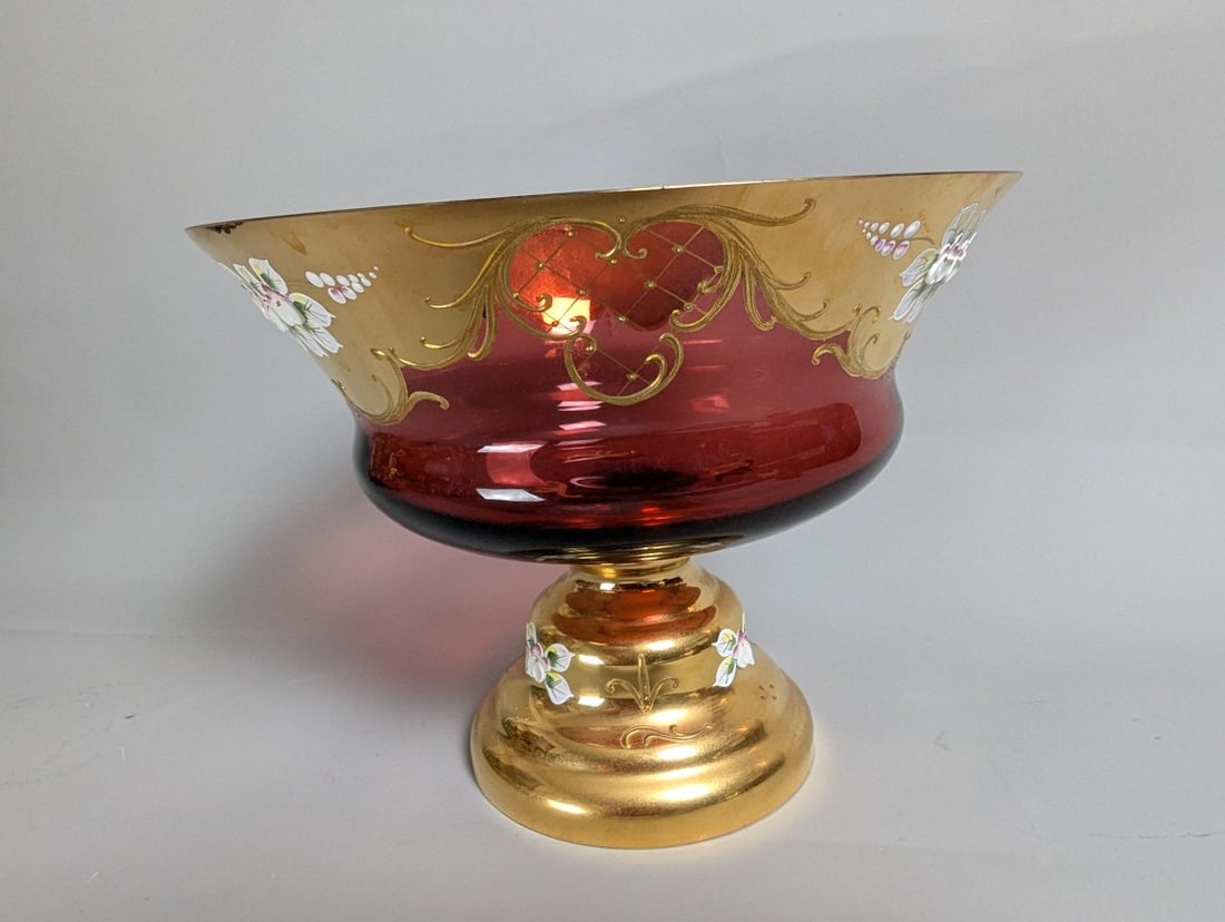 Vintage Bohemian Egermann-Exbor Pedestal Bowl Ruby Red Glass Gold Gilded Hand Painted Flowers - 5