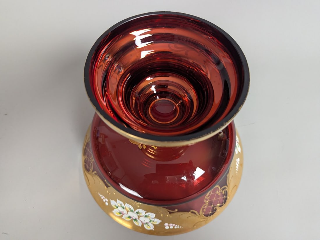 Vintage Bohemian Egermann-Exbor Pedestal Bowl Ruby Red Glass Gold Gilded Hand Painted Flowers - 6