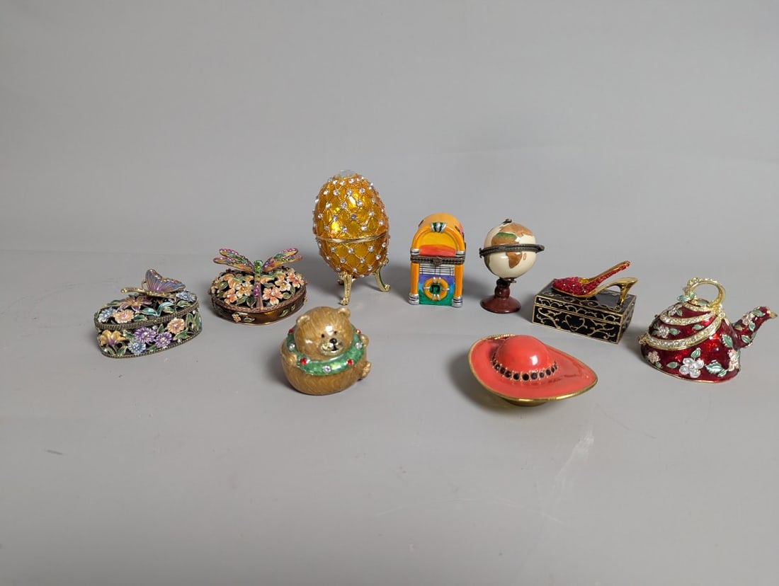 Collection of Decorative Enameled Hinged Trinket Boxes - Nature, Fashion, Holiday Themes: **Important** Please read below description on how to avoid high shipping costs. Discover a delightful collection of nine decorative enameled hinged trinket boxes, each showcasing intricate designs
