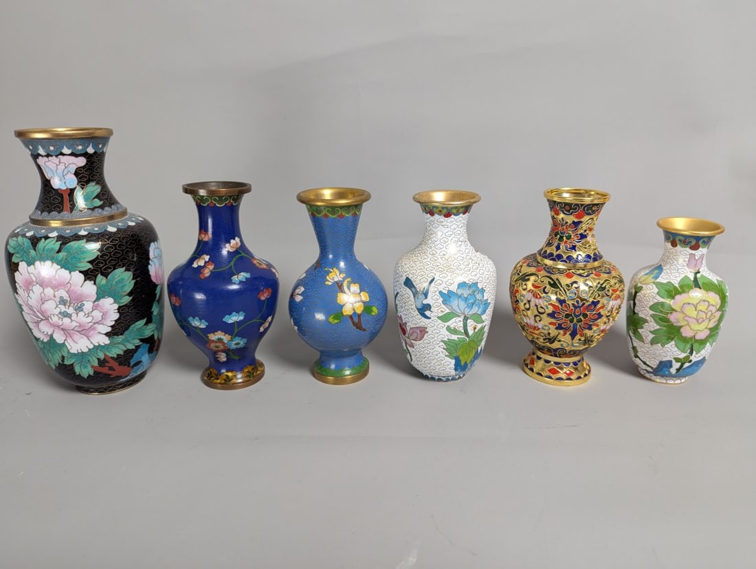 Stunning Collection of Vintage Chinese Cloisonne Vases with Unique Motifs and Designs: **Important** Please read below description on how to avoid high shipping costs. Explore this exquisite collection of six vintage Chinese cloisonnÃ© vases, showcasing a variety of vibrant