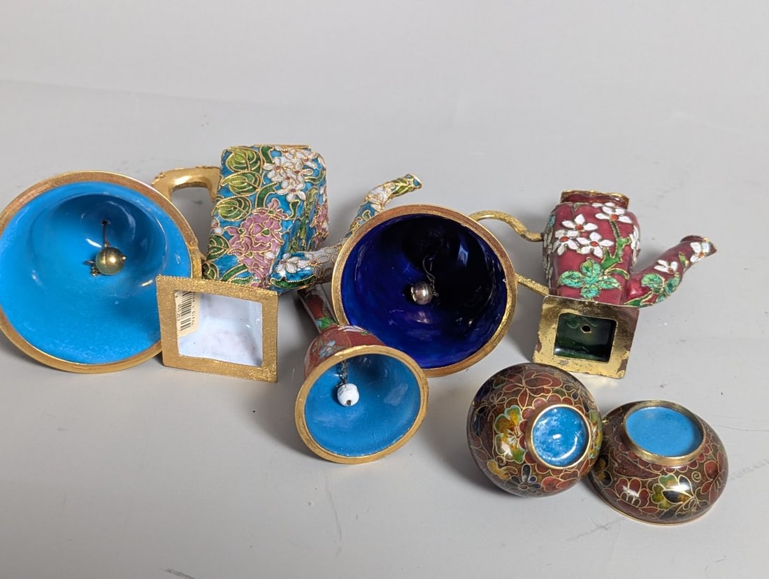 Vintage Chinese Cloisonne Enamel Decorative Collection Includes Bells and Ewers - 10