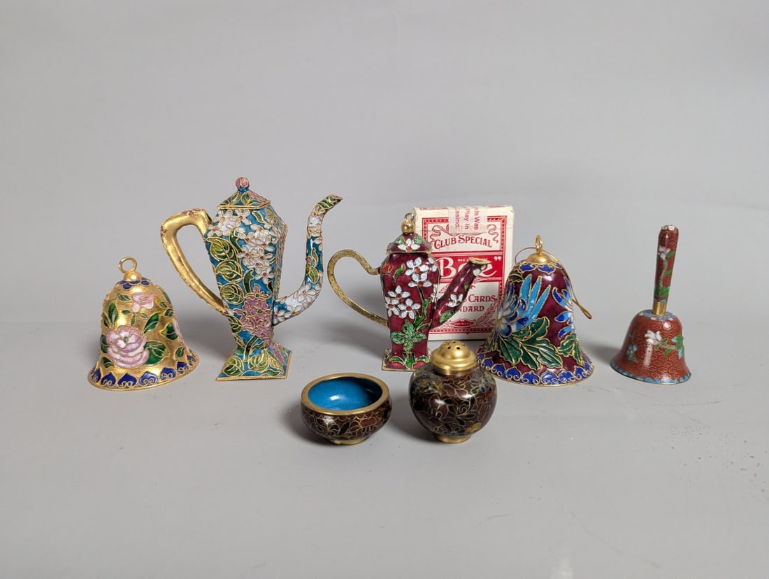 Vintage Chinese Cloisonne Enamel Decorative Collection Includes Bells and Ewers - 2