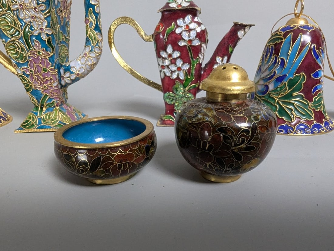 Vintage Chinese Cloisonne Enamel Decorative Collection Includes Bells and Ewers - 3