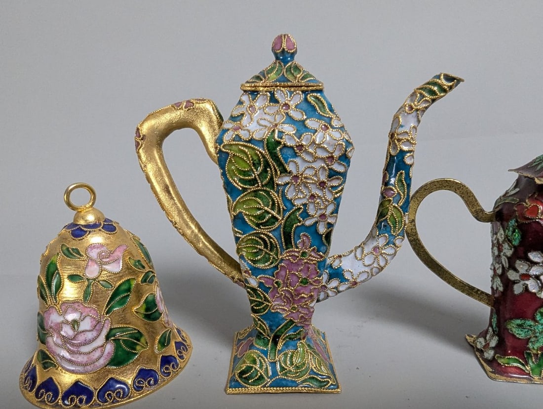 Vintage Chinese Cloisonne Enamel Decorative Collection Includes Bells and Ewers - 5