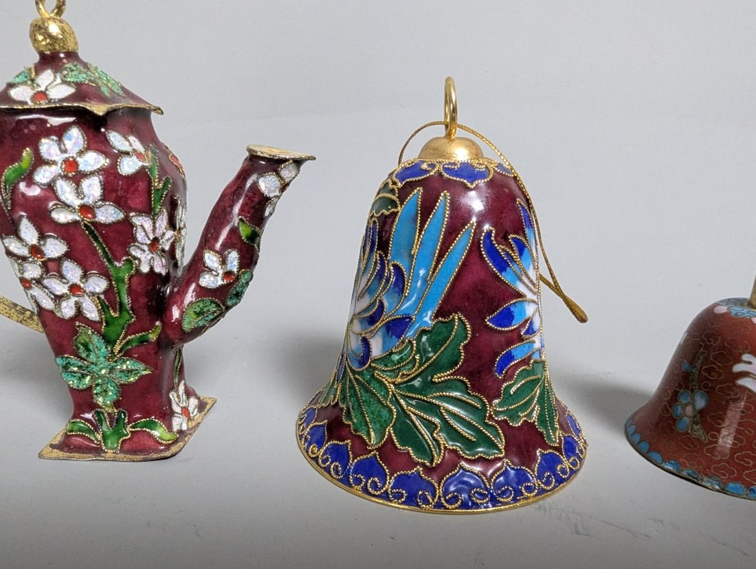 Vintage Chinese Cloisonne Enamel Decorative Collection Includes Bells and Ewers - 7