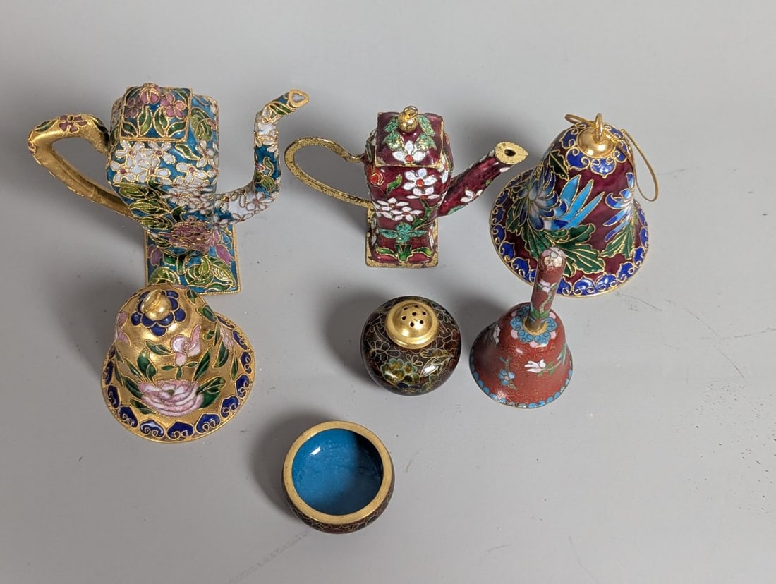 Vintage Chinese Cloisonne Enamel Decorative Collection Includes Bells and Ewers - 9