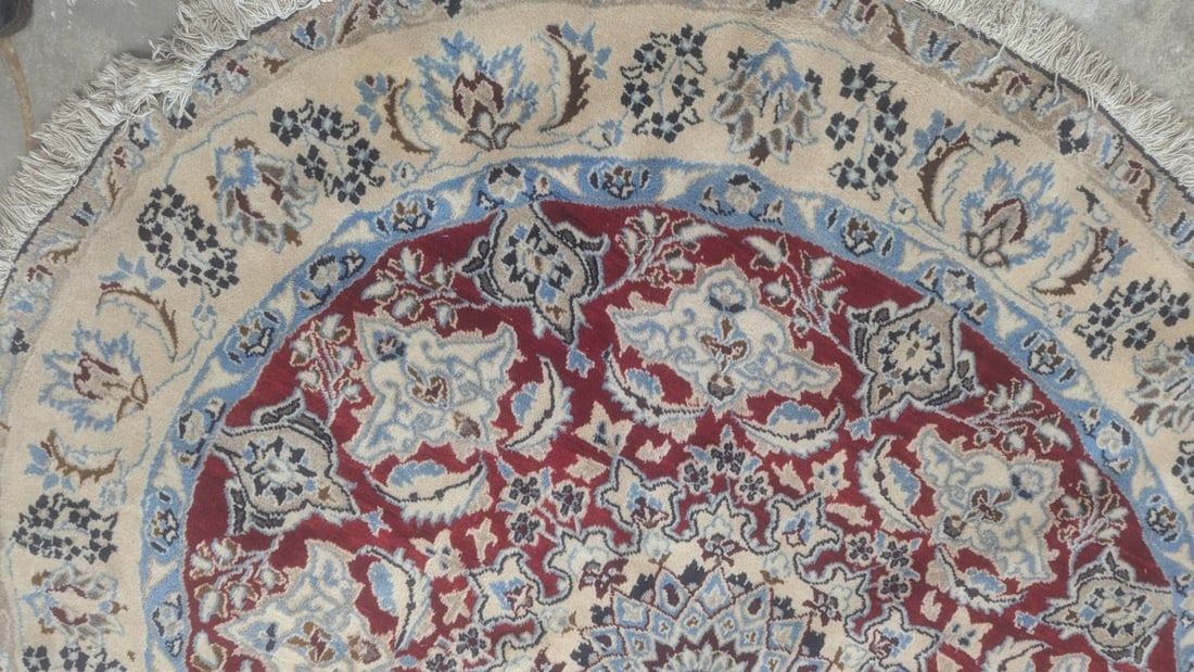 Persian Nain Style Round Rug with Floral Design Cherry Tomato Red 6'1" Diameter - 4