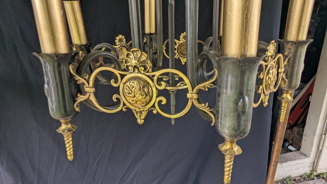 Vintage Spanish Revival Style 6-Light Chandelier Brass Gold Leaf Decorative Lighting - 2