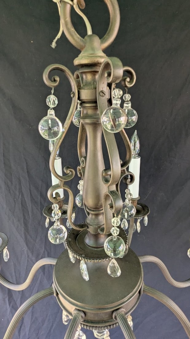 Vintage 12-Light Two-Tier Neoclassical Style Brass Chandelier with Prisms - 2