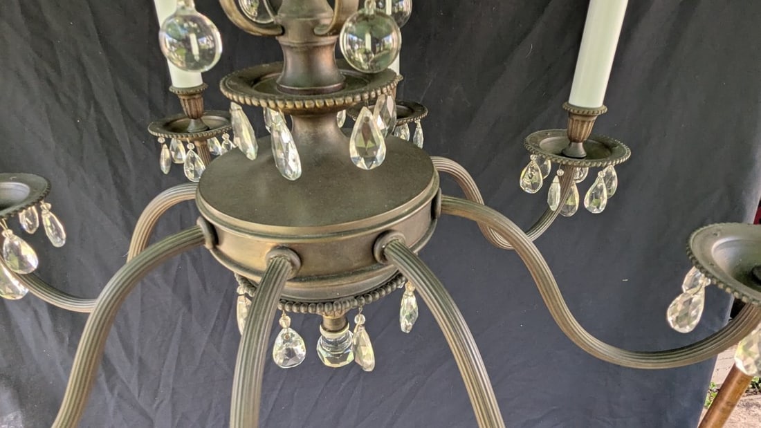 Vintage 12-Light Two-Tier Neoclassical Style Brass Chandelier with Prisms - 4