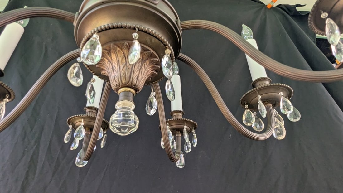 Vintage 12-Light Two-Tier Neoclassical Style Brass Chandelier with Prisms - 7