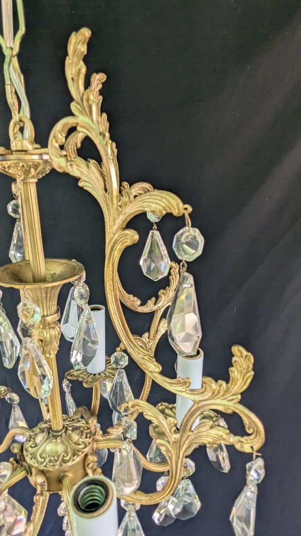Vintage Italian Rococo Revival 5-Arm Brass Chandelier with Crystal Hanging Prisms - 2