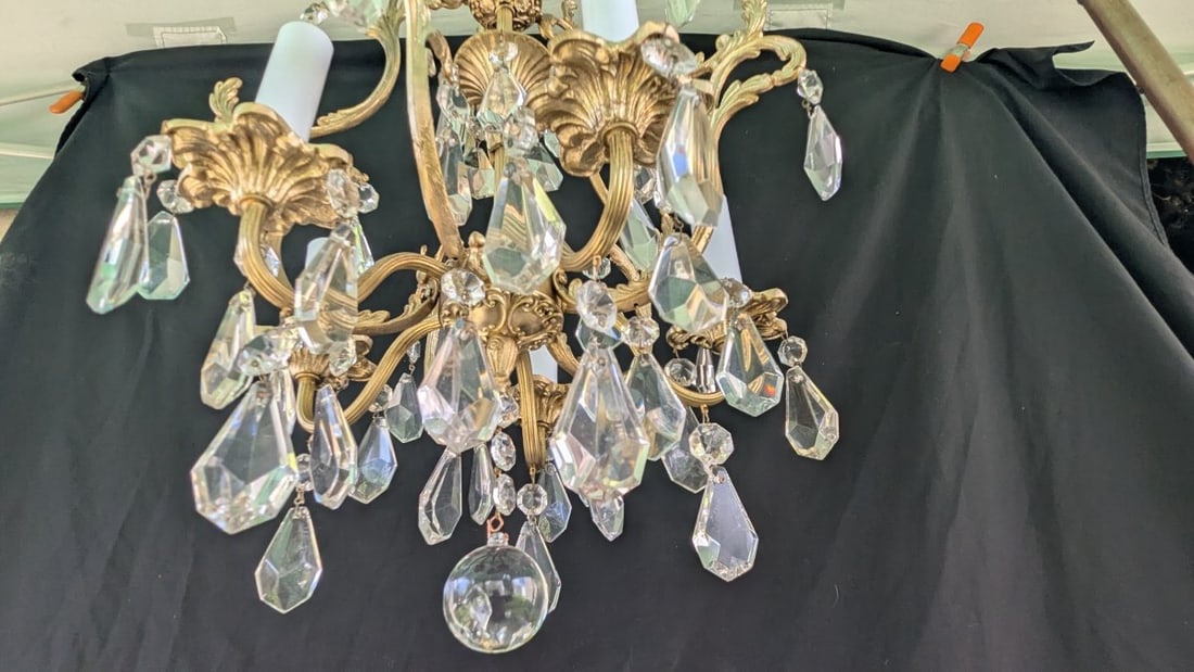 Vintage Italian Rococo Revival 5-Arm Brass Chandelier with Crystal Hanging Prisms - 7