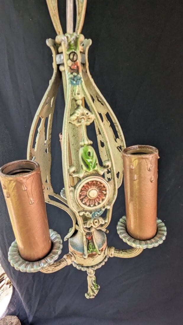 Antique Art Nouveau Style Aluminum 3-Light Polychrome Chandelier Rewired Ready to Hang - 2