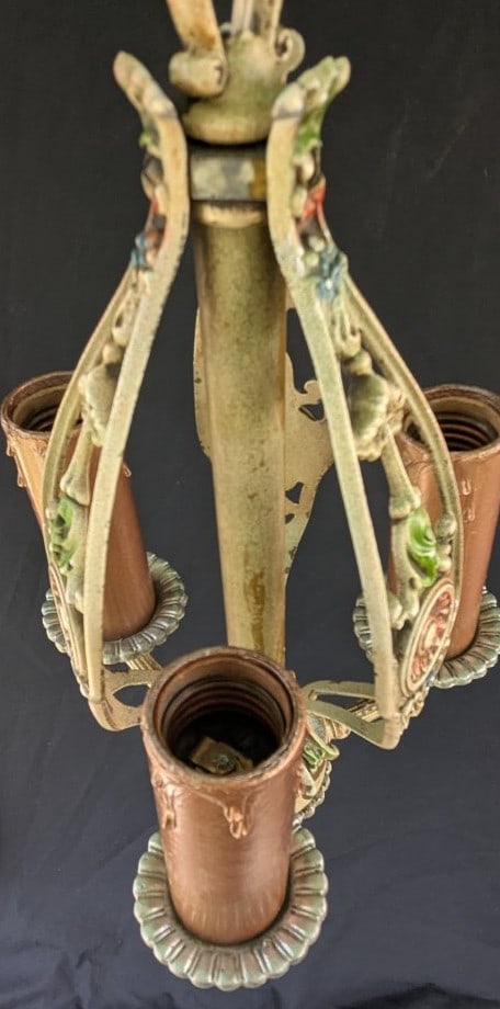 Antique Art Nouveau Style Aluminum 3-Light Polychrome Chandelier Rewired Ready to Hang - 7