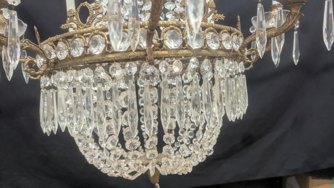 Beautiful Vintage French Empire Style Brass and Crystal Chandelier Statement Piece - 2