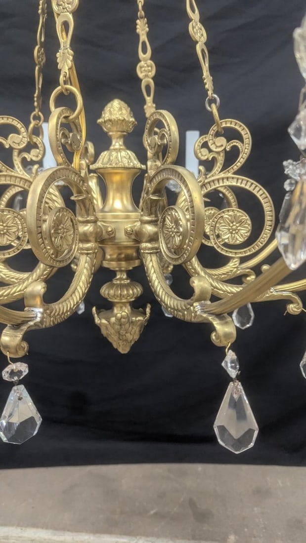 Einar BÃ¤ckstrÃ¶m Neoclassical 8-Arm Brass and Crystal Chandelier with Hanging P - 2