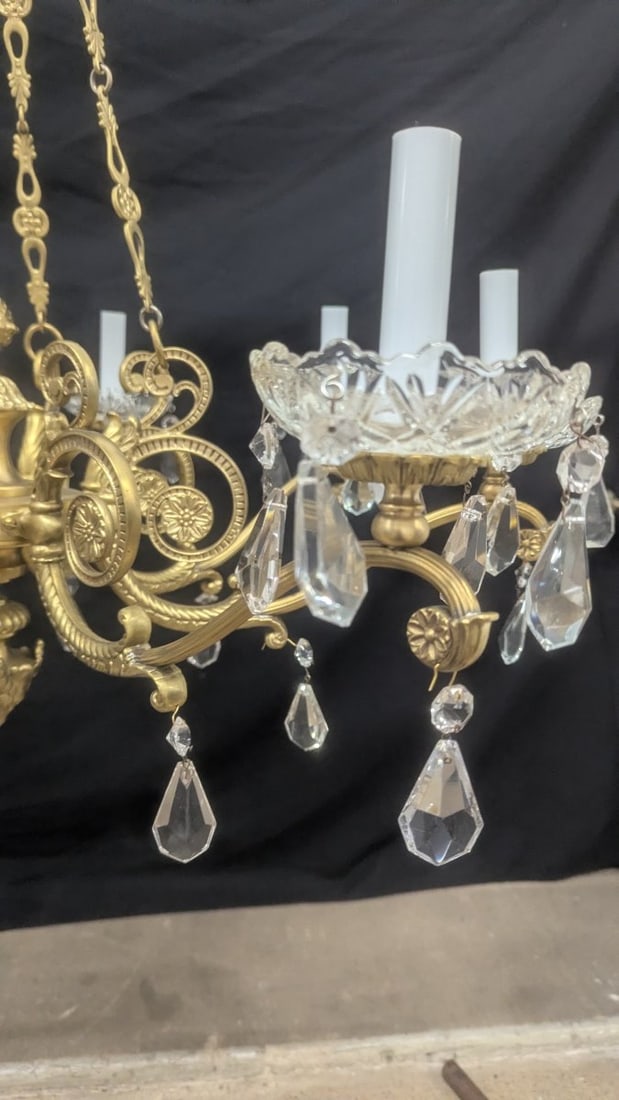 Einar BÃ¤ckstrÃ¶m Neoclassical 8-Arm Brass and Crystal Chandelier with Hanging P - 3