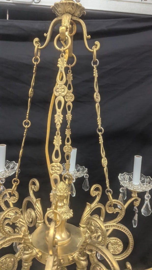 Einar BÃ¤ckstrÃ¶m Neoclassical 8-Arm Brass and Crystal Chandelier with Hanging P - 7