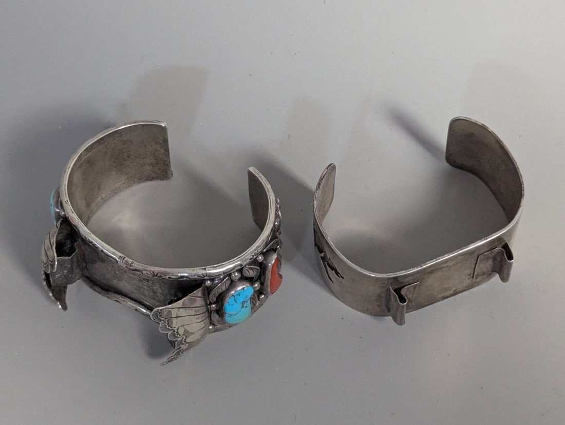 Vintage Native American Sterling Silver Watch Cuffs with Turquoise Coral Bear Motif - 2