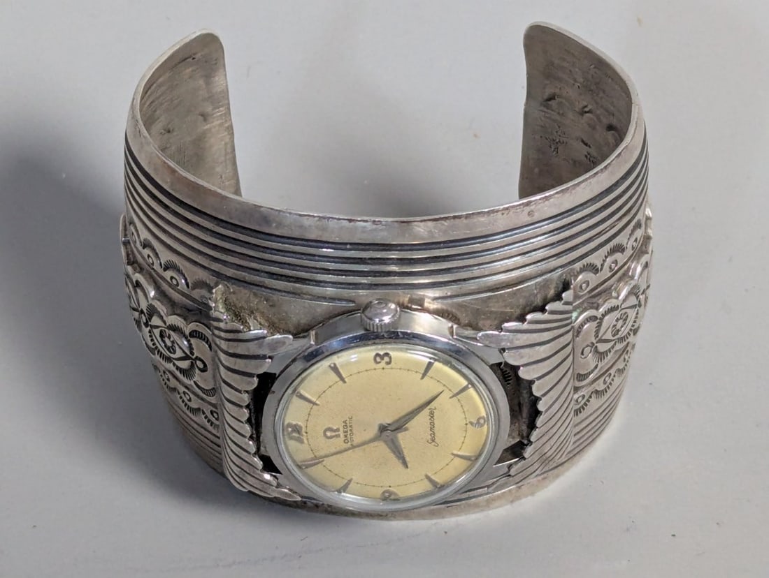 Ben Begay Navajo Sterling Silver Omega Seamaster Watch Cuff Vintage Collectible Jewelry - 2