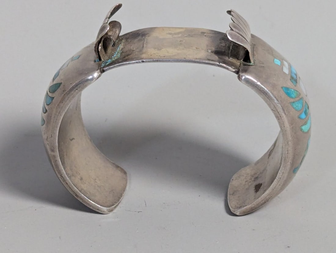 Vintage Native American Sterling Silver Inlay Cuff Bracelet IHMSS Turquoise Mother of Pearl - 3