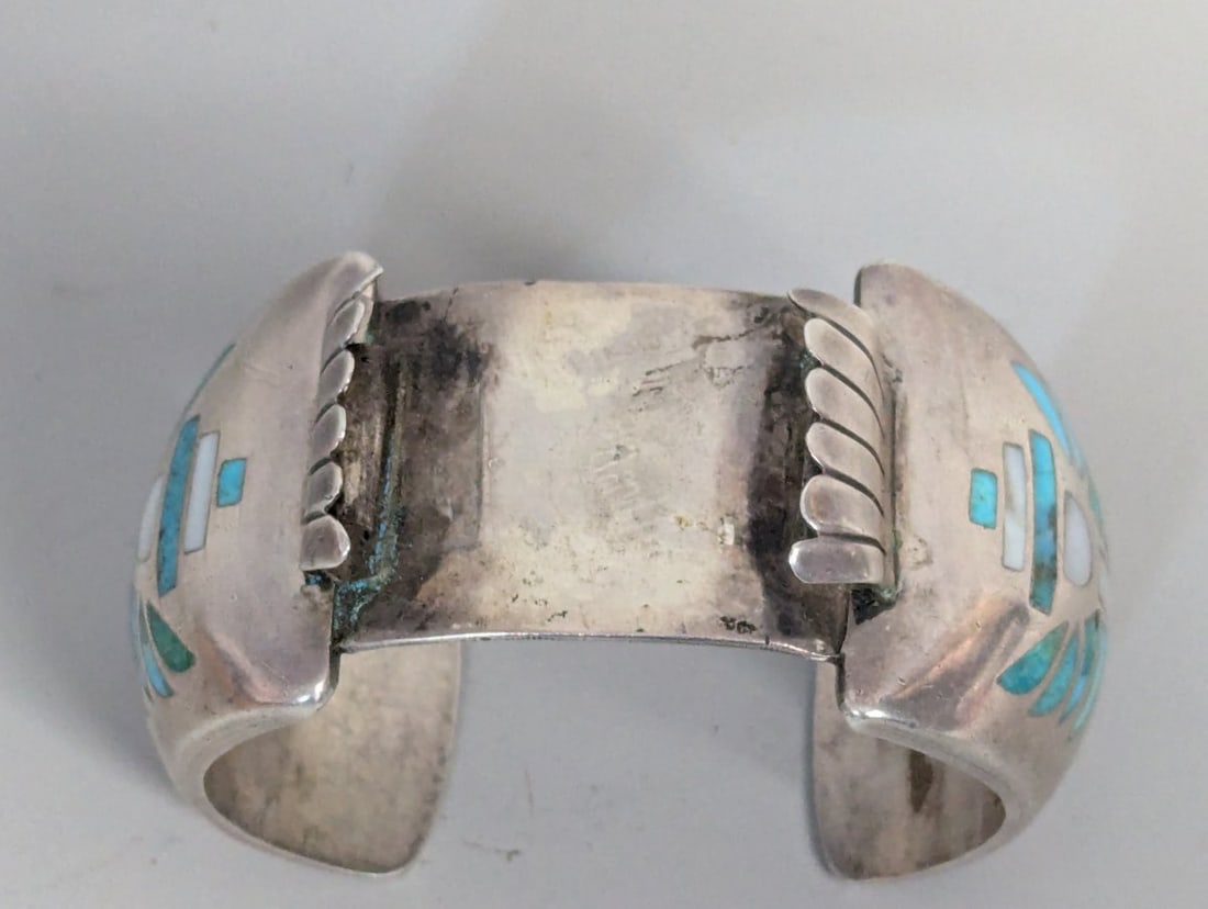 Vintage Native American Sterling Silver Inlay Cuff Bracelet IHMSS Turquoise Mother of Pearl - 4