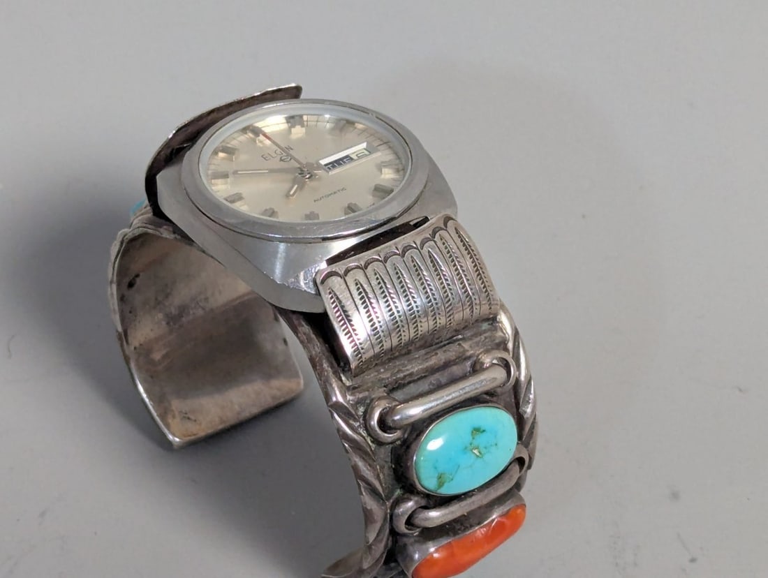 Ete Paquin Zuni Sterling Silver Turquoise Coral Watch Cuff with Elgin Running Watch - 2
