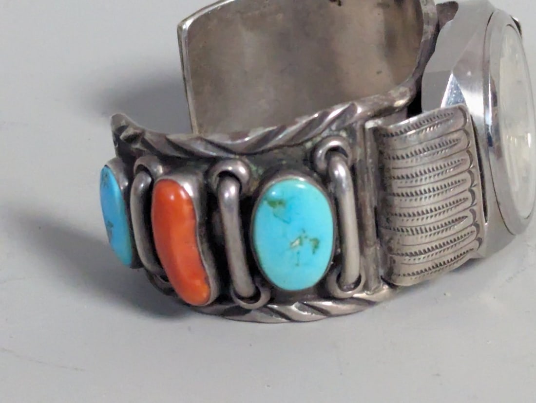 Ete Paquin Zuni Sterling Silver Turquoise Coral Watch Cuff with Elgin Running Watch - 3