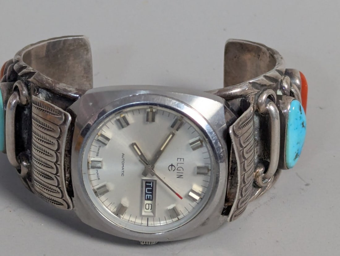 Ete Paquin Zuni Sterling Silver Turquoise Coral Watch Cuff with Elgin Running Watch - 4