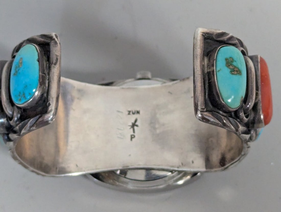 Ete Paquin Zuni Sterling Silver Turquoise Coral Watch Cuff with Elgin Running Watch - 7