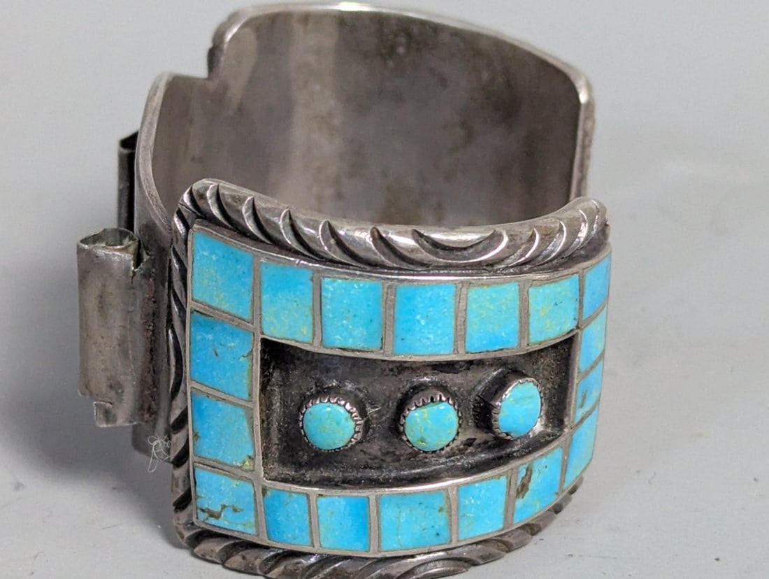 Vintage Native American Silver Turquoise Channel Inlay Watch Cuff by Hopi Watson Honanie - 2