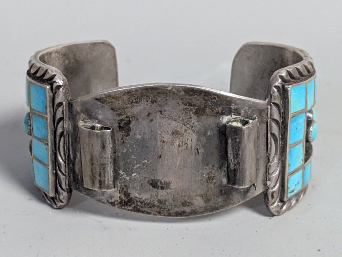 Vintage Native American Silver Turquoise Channel Inlay Watch Cuff by Hopi Watson Honanie - 3