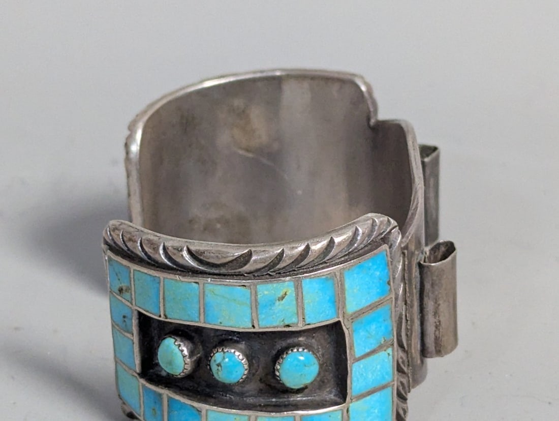 Vintage Native American Silver Turquoise Channel Inlay Watch Cuff by Hopi Watson Honanie - 4