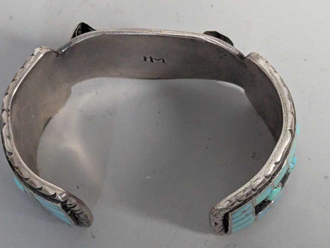 Vintage Native American Silver Turquoise Channel Inlay Watch Cuff by Hopi Watson Honanie - 5