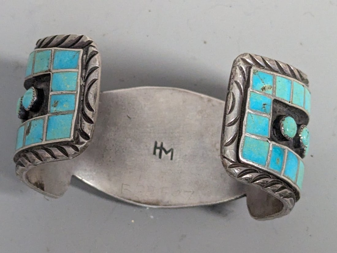 Vintage Native American Silver Turquoise Channel Inlay Watch Cuff by Hopi Watson Honanie - 6