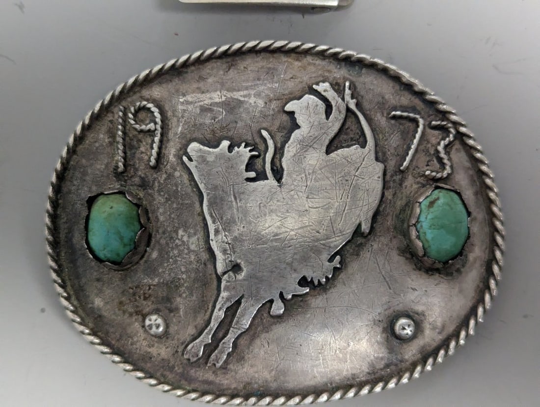 Vintage Southwestern Sterling Silver & Turquoise Buffalo & Hopi Overlay Belt Buckles Lot - 2