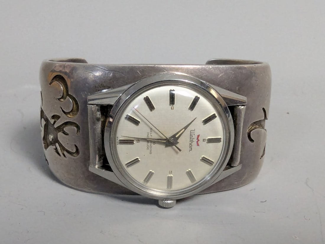 Steven Pooyouma Hopi Silver Overlay Cuff with Waltham Watch Unique Artisan Piece - 3