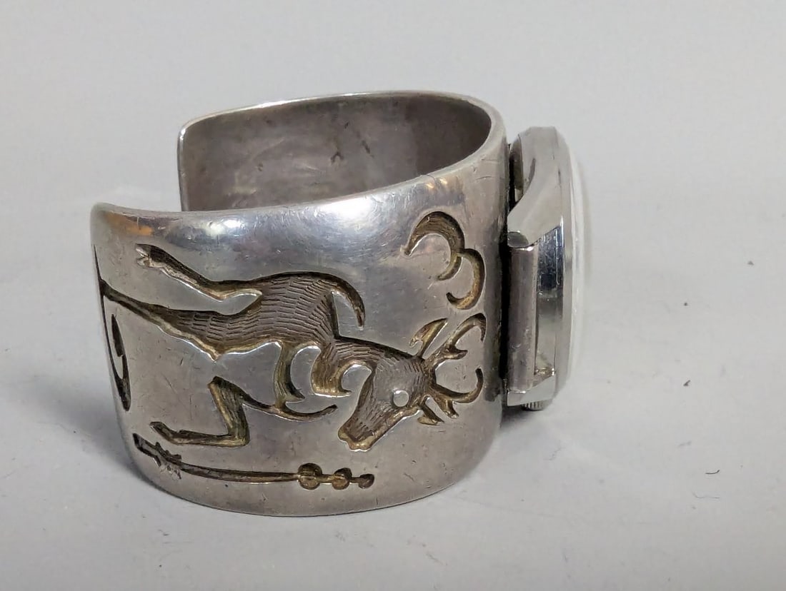 Steven Pooyouma Hopi Silver Overlay Cuff with Waltham Watch Unique Artisan Piece - 4