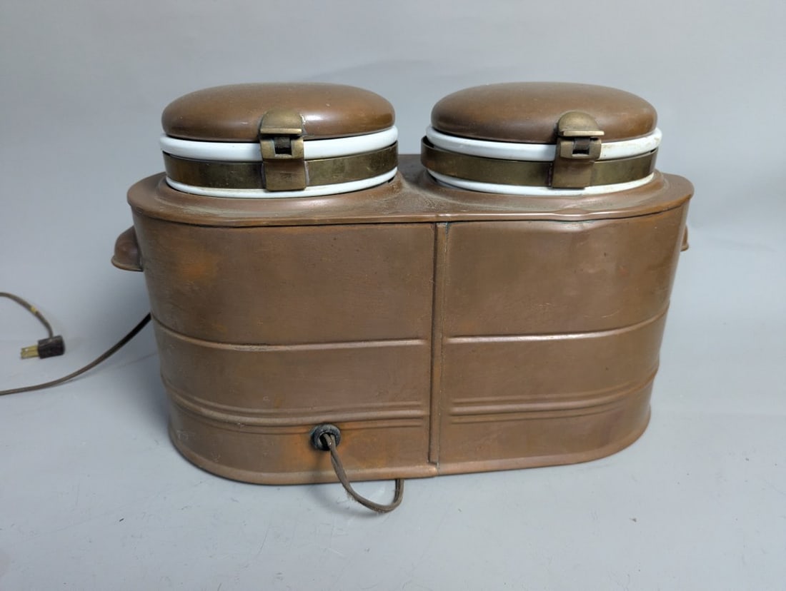 Vintage American Metal Ware Co. Copper Dual Food Syrup Warmer with Porcelain Liners - 5