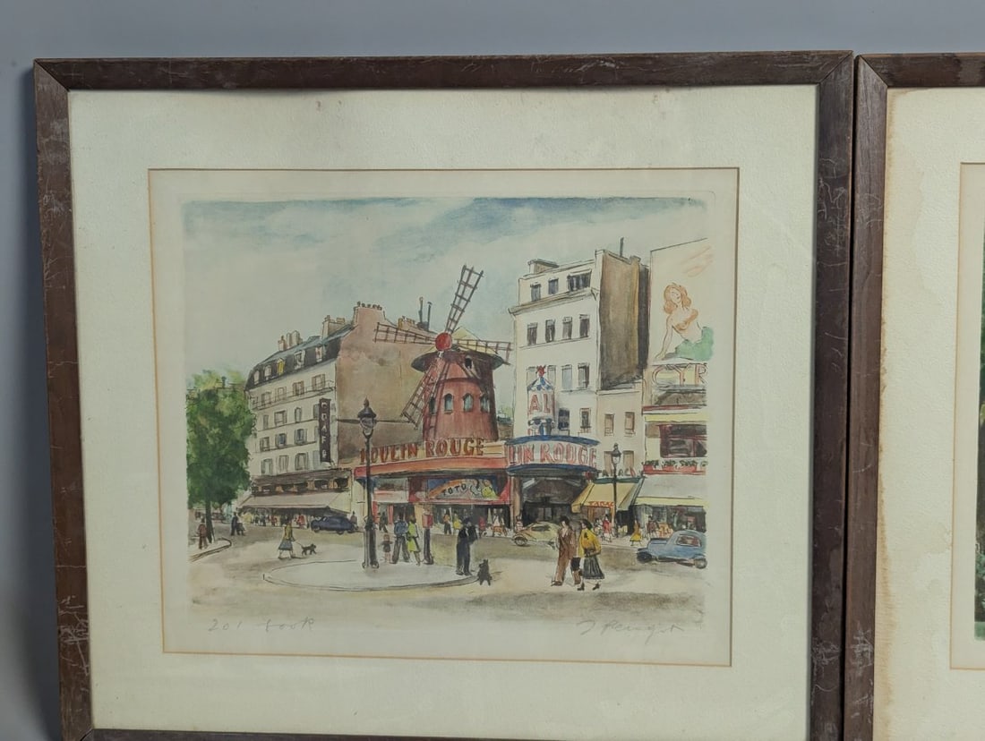 Jacques Peugot Paris Street Scene Hand-Colored Etchings Set of Two Framed Art - 2