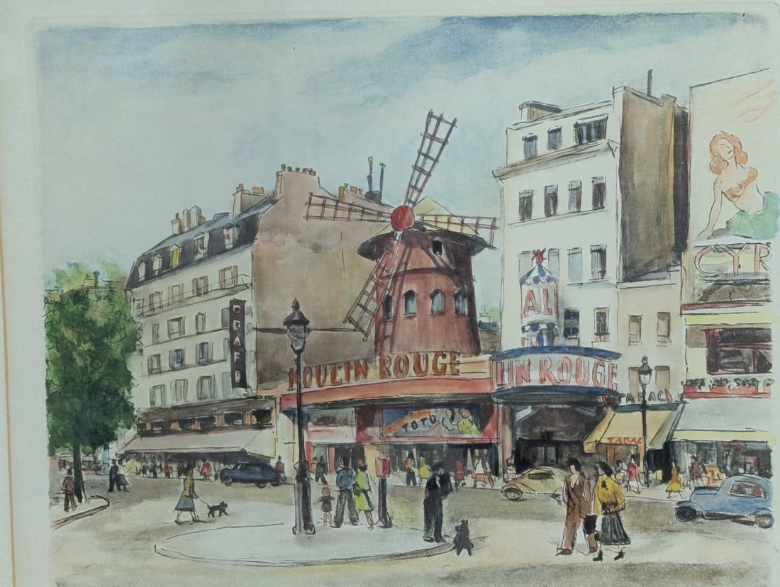 Jacques Peugot Paris Street Scene Hand-Colored Etchings Set of Two Framed Art - 3