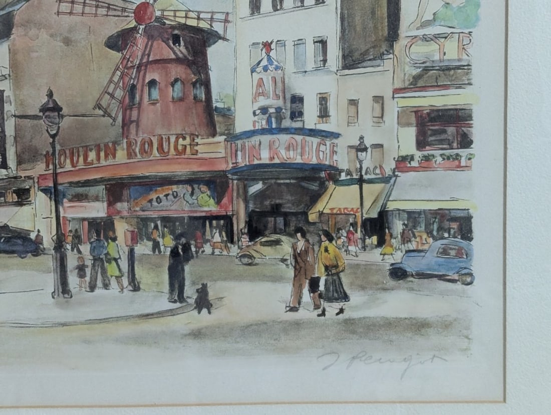 Jacques Peugot Paris Street Scene Hand-Colored Etchings Set of Two Framed Art - 7