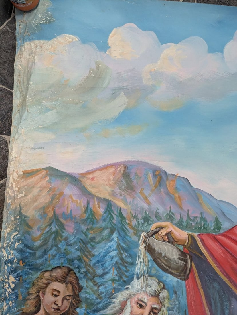 Large Unsigned Religious Oil Painting of Mass Baptism Decorative Art - 2
