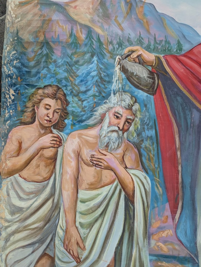 Large Unsigned Religious Oil Painting of Mass Baptism Decorative Art - 5