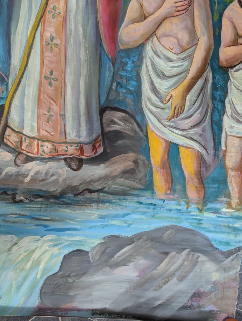 Large Unsigned Religious Oil Painting of Mass Baptism Decorative Art - 6