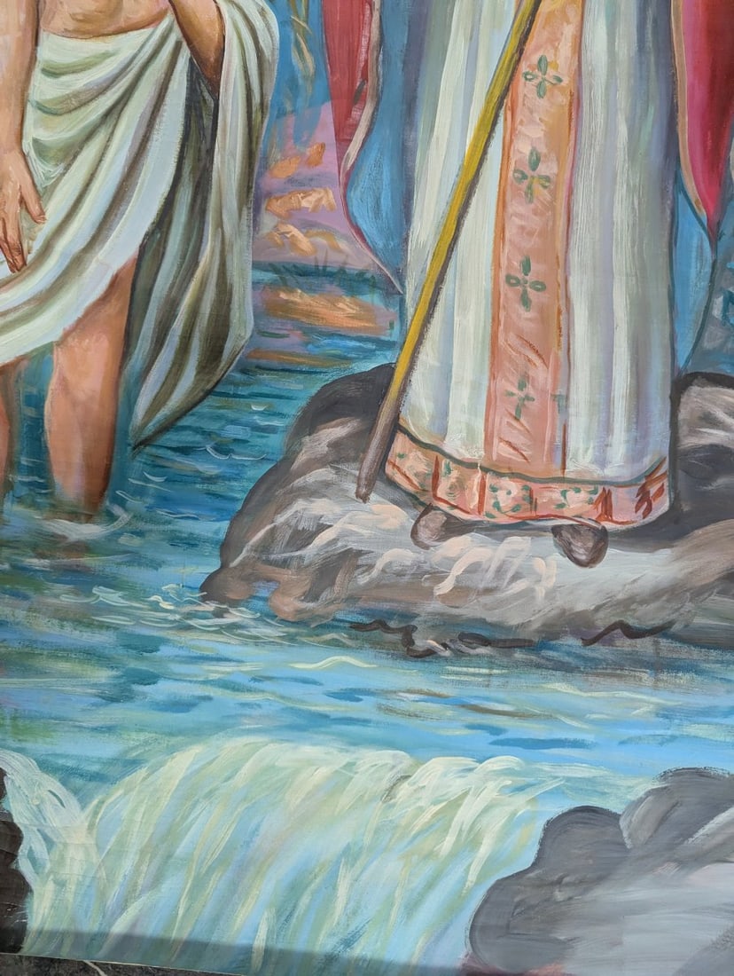 Large Unsigned Religious Oil Painting of Mass Baptism Decorative Art - 7