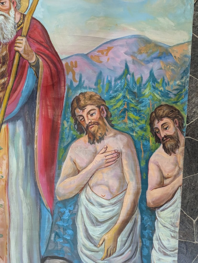 Large Unsigned Religious Oil Painting of Mass Baptism Decorative Art - 8