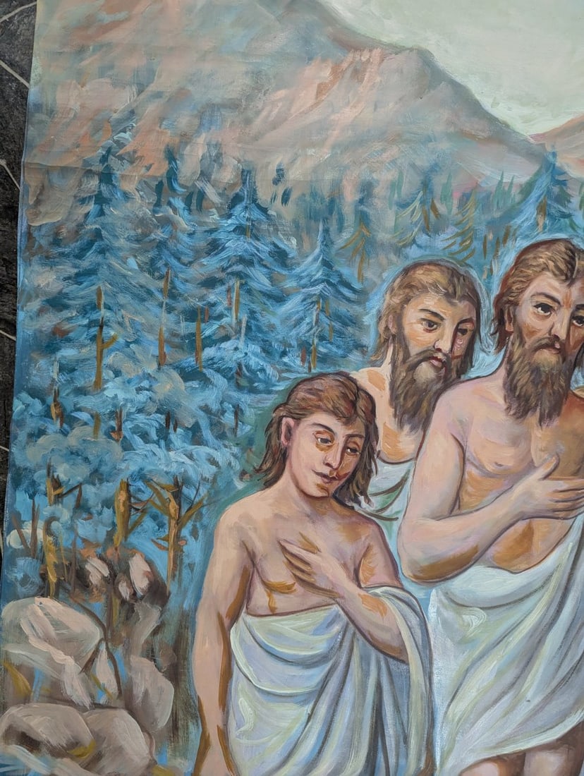 Large Unsigned Religious Oil Painting Depicting Baptism Scene Stunning Wall Art - 2